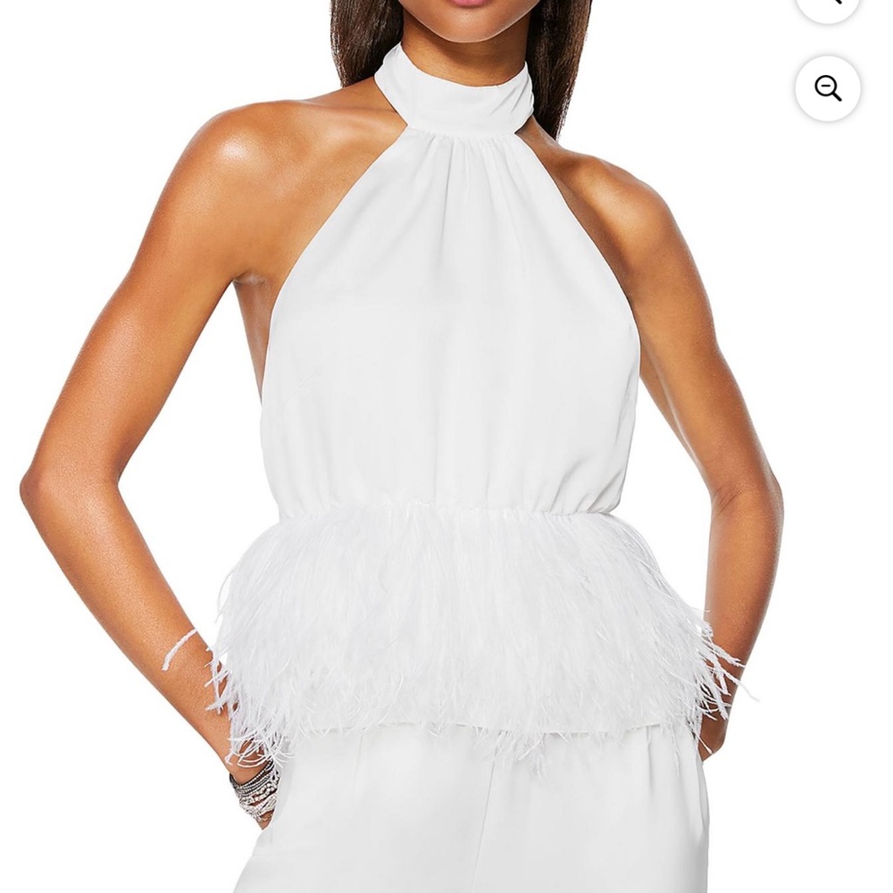 Ramy Brook White Halter Top with Feather Detail XL NWT